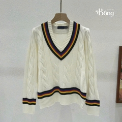 Áo len Polo trắng cổ V viền kẻ