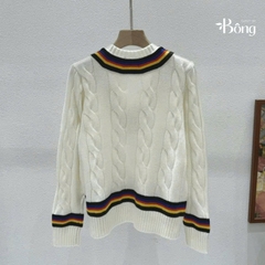 Áo len Polo trắng cổ V viền kẻ