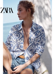 Sơ mi Zara trắng cổ đức thêu ren chỉ