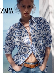 Sơ mi Zara trắng cổ đức thêu ren chỉ