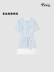 Váy dạ Sandro cộc tay 4 túi trước màu xanh kèm belt chân xếp ly