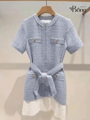 Váy dạ Sandro cộc tay 4 túi trước màu xanh kèm belt chân xếp ly