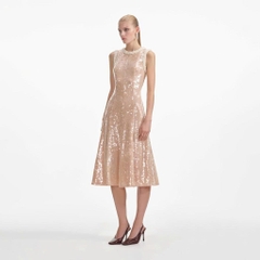 Váy Sel-Portrait bling sequin nude cổ ngọc trai sát nách dáng maxi A