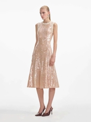 Váy Sel-Portrait bling sequin nude cổ ngọc trai sát nách dáng maxi A