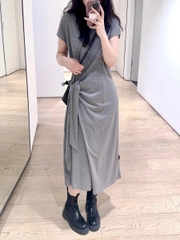 Maxi COS cổ tròn màu ghi cột belt