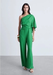 Jum MNG linen xanh lá lệch vai kèm belt