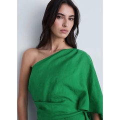 Jum MNG linen xanh lá lệch vai kèm belt