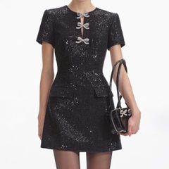 Váy Sel-Portrait sequin đen 3 nơ đá ngực ngắn tay