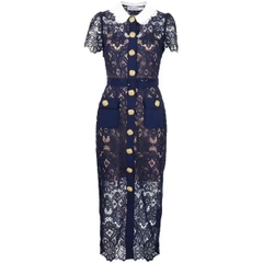 Váy ren 3D Sel-Portrait xanh navy cổ sen trắng khuy charm vàng