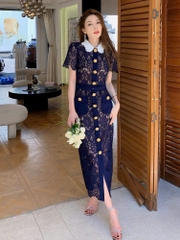 Váy ren 3D Sel-Portrait xanh navy cổ sen trắng khuy charm vàng