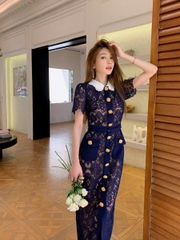 Váy ren 3D Sel-Portrait xanh navy cổ sen trắng khuy charm vàng