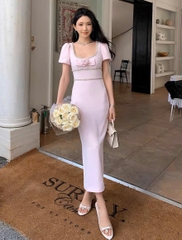 Đầm Sel-Portrait bút chì hồng đính đá nơ hoa hồng