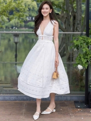 Váy maxi Sel-Portrait ren dập sát nách nơ ngực