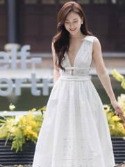 Váy maxi Sel-Portrait ren dập sát nách nơ ngực