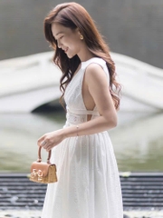 Váy maxi Sel-Portrait ren dập sát nách nơ ngực