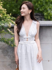 Váy maxi Sel-Portrait ren dập sát nách nơ ngực