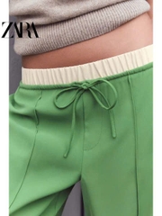 Quần Zara xanh neon cạp chun trắng dáng suông