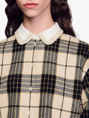 Sơ mi cotton kẻ caro viền bất đối xứng