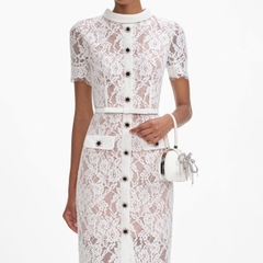 Váy Self- Portrait midi ren hoa 3D bút chì 2 túi bling ngắn tay kèm belt