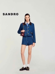 Áo khoác Sandro denim viền da nâu (tách set)