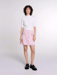 Chân váy ngắn tweed phối sợi nhũ viền tua rua