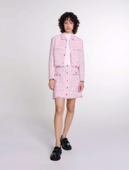 Chân váy ngắn tweed phối sợi nhũ viền tua rua