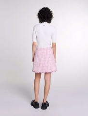 Chân váy ngắn tweed phối sợi nhũ viền tua rua