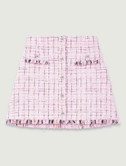 Chân váy ngắn tweed phối sợi nhũ viền tua rua