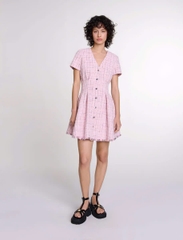 Đầm ngắn tweed ôm eo viền tua rua