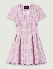 Đầm ngắn tweed ôm eo viền tua rua