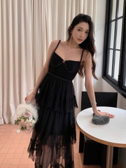 Váy Self- Portrait midi xếp tầng chấm bi lưới đen