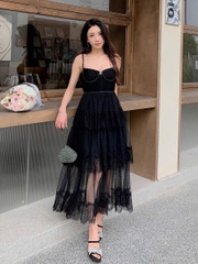Váy Self- Portrait midi xếp tầng chấm bi lưới đen