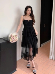 Váy Self- Portrait midi xếp tầng chấm bi lưới đen
