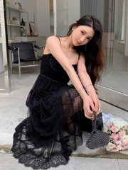 Váy Self- Portrait midi xếp tầng chấm bi lưới đen