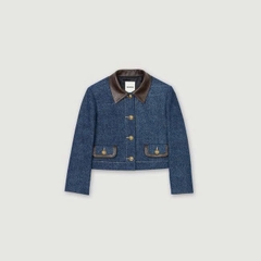 Áo khoác Sandro denim viền da nâu (tách set)