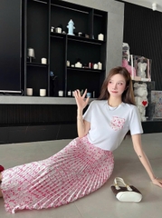 Set Louis Vuiton Áo Tshirt + Chân váy midi lụa 3 màu