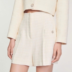 Set tweed Sandro trắng áo cổ bẻ + quần short
