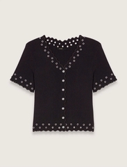 Áo cardigan dệt kim dáng ngắn đính khuy lỗ