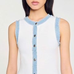 Váy Sandro trắng viền denim sát nách bèo chân