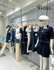 Set Sandro dệt kim áo cổ bẻ chân xếp ly navy