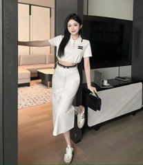 Set Celine cotton áo cổ bẻ chân váy