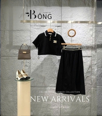 Set Celine cotton áo cổ bẻ chân váy