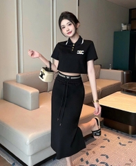 Set Celine cotton áo cổ bẻ chân váy
