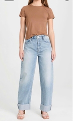 Quần denim Raph Lauren gập gấu dáng suông màu nhạt