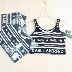 Croptop KARL dệt kim kẻ trắng đen
