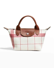 Túi Longchamp canvas trắng kẻ đỏ sz mini