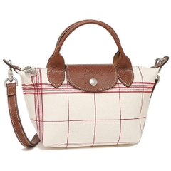 Túi Longchamp canvas trắng kẻ đỏ sz mini