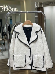 Jacket lông trắng lông cừu viền đen Maje