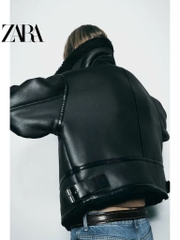 Jacket Zara đen lót lông cừu đen