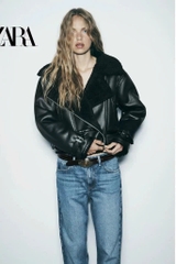 Jacket Zara đen lót lông cừu đen